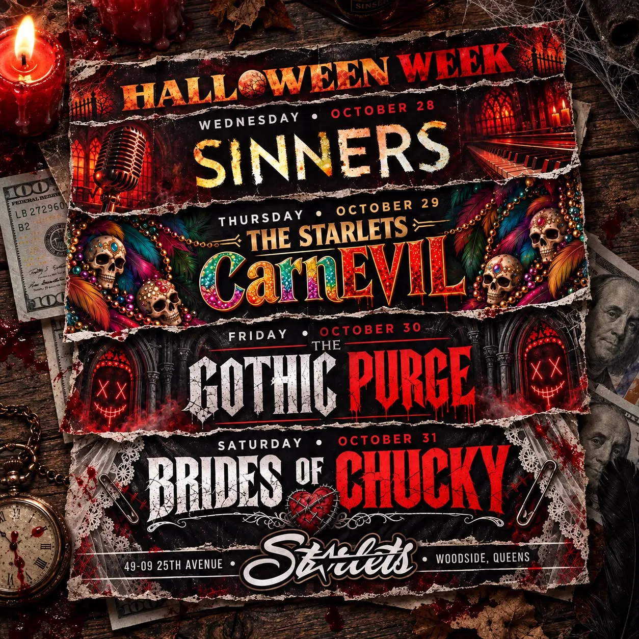 Halloween Week at Starlets in Woodside, Queens - Sinners Oct 28, CarnEVIL Oct 29, The Gothic Purge Oct 30, Brides of Chucky Oct 31